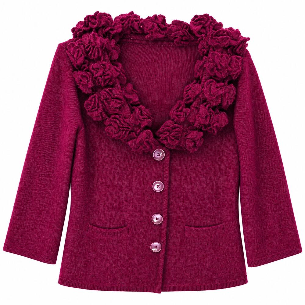 Soft Surroundings Plum Wool Cardigan with Ruffle Rosette Collar, Size XS